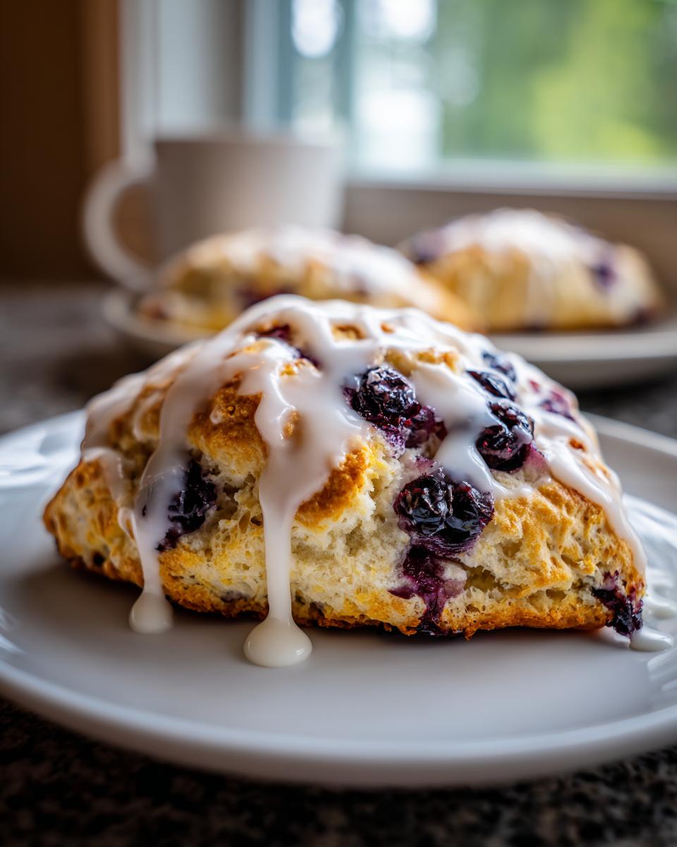 Close-up of a freshly baked blueberry scone topped with thick white glaze dripping down the sides, with more blueberry scones in the background.