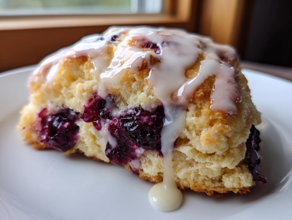 Close-up of a moist blueberry scone topped with thick white glaze dripping down the side.