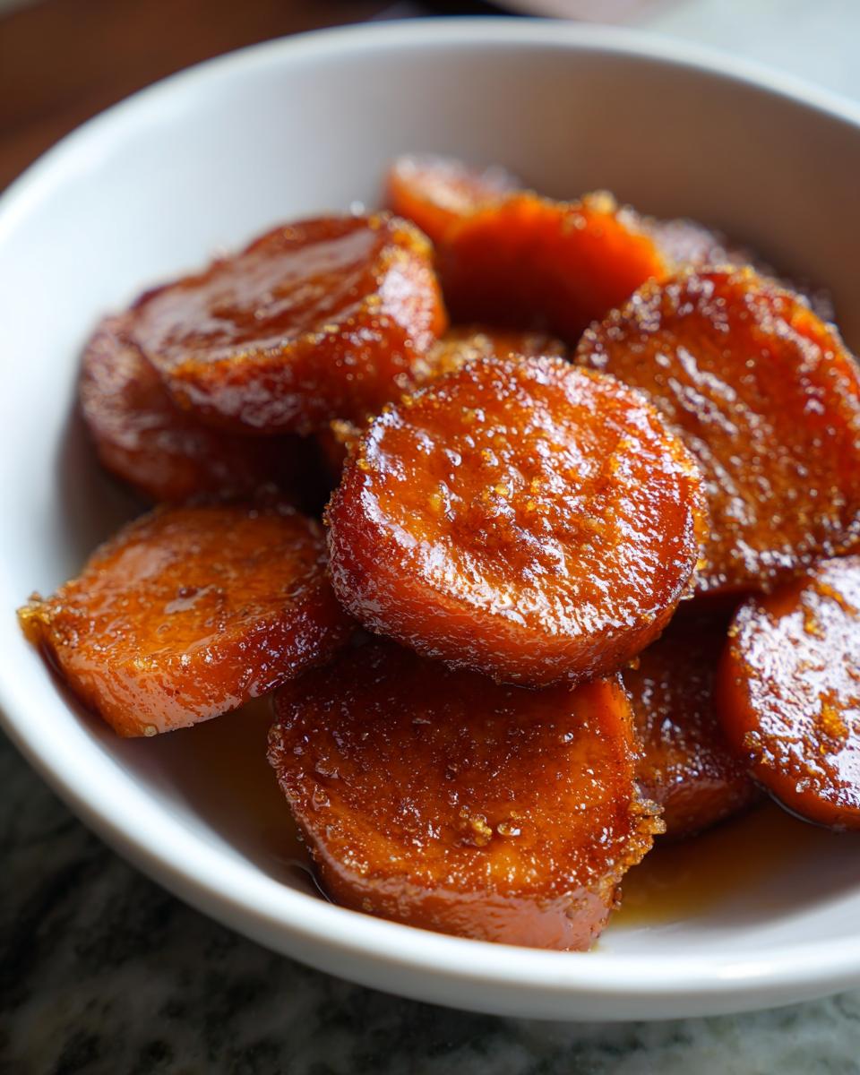 Close-up of thick, glazed candied sweet potatoes slices piled in a white serving bowl.