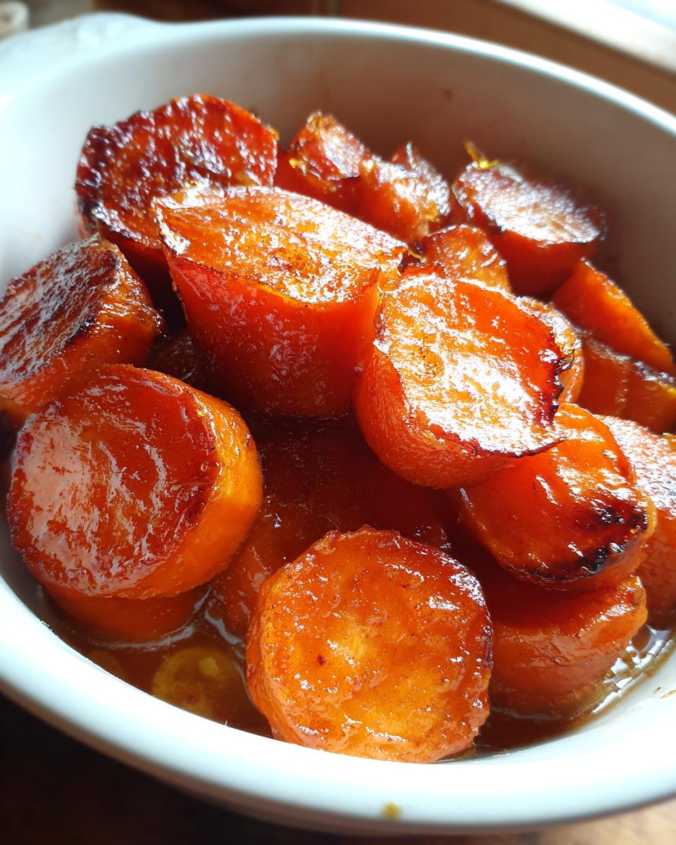 Close-up of thick, round slices of candied sweet potatoes glistening with a rich, dark glaze in a white serving bowl.