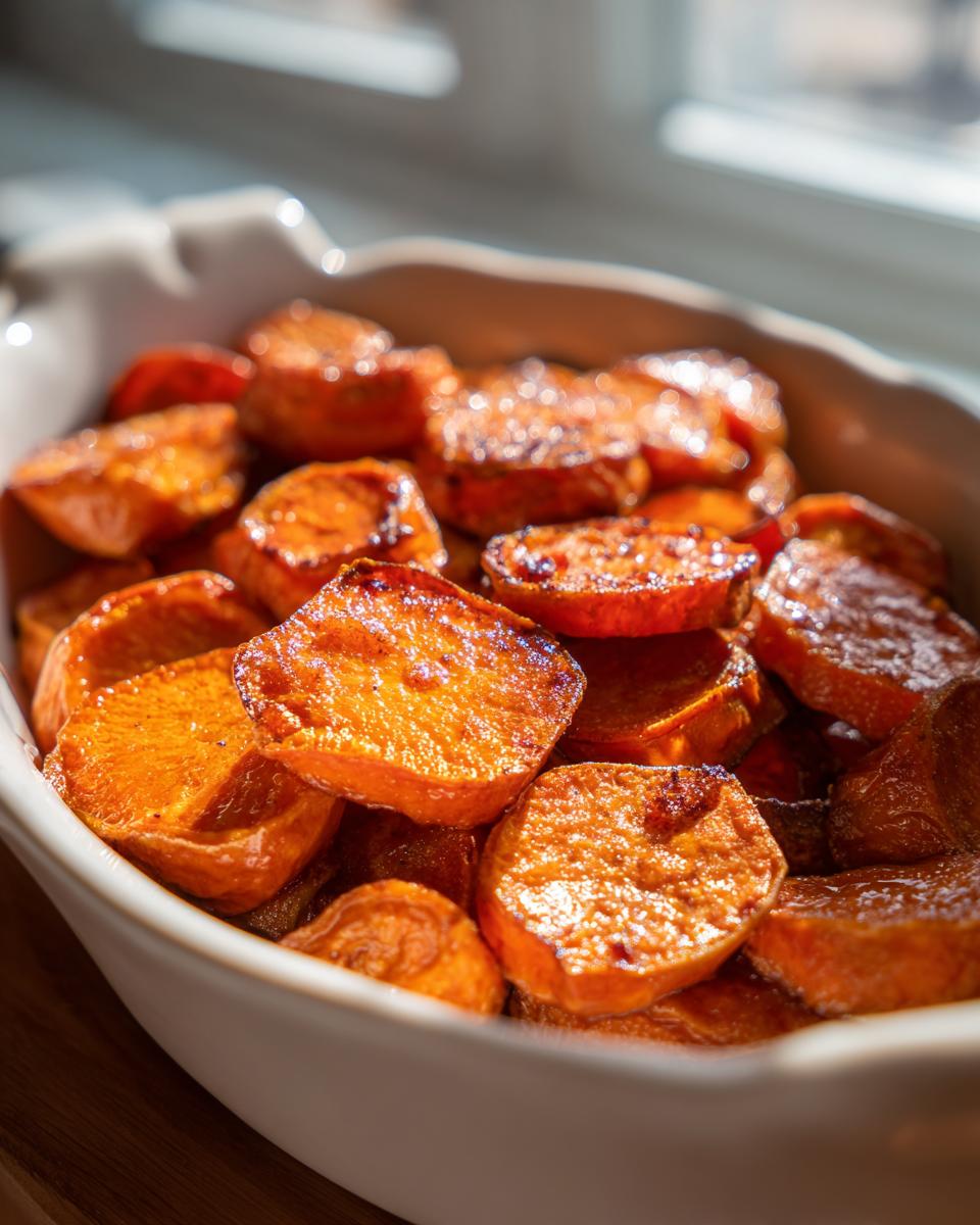 Close-up of glossy, caramelized candied sweet potatoes slices piled high in a white baking dish.