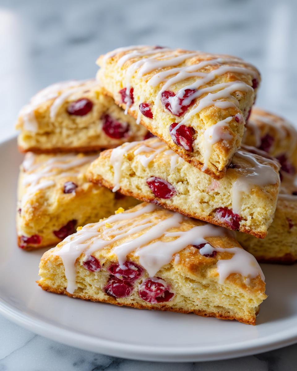 A stack of freshly baked cranberry scones drizzled with white glaze, featuring visible red cranberries.