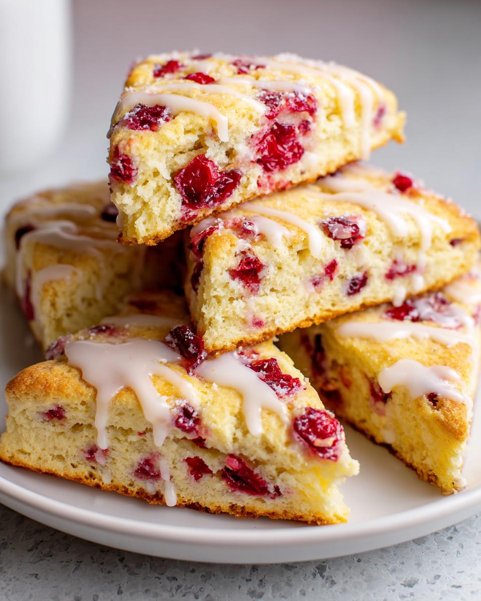A stack of freshly baked cranberry scones drizzled with white glaze, showing the bright red fruit inside.