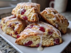 A stack of four freshly baked cranberry scones drizzled generously with white vanilla glaze.