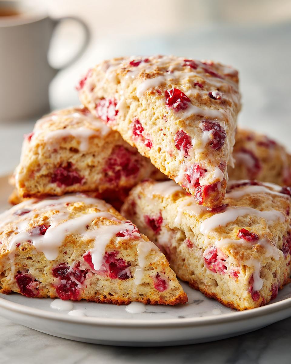 A stack of freshly baked cranberry scones drizzled with white vanilla glaze, perfect for breakfast.