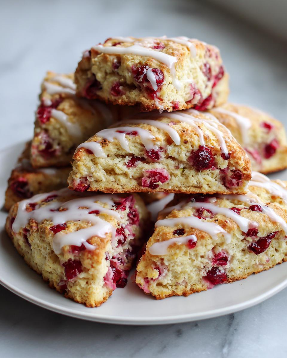 A stack of freshly baked cranberry scones drizzled with white icing, showing the tart red cranberries inside.