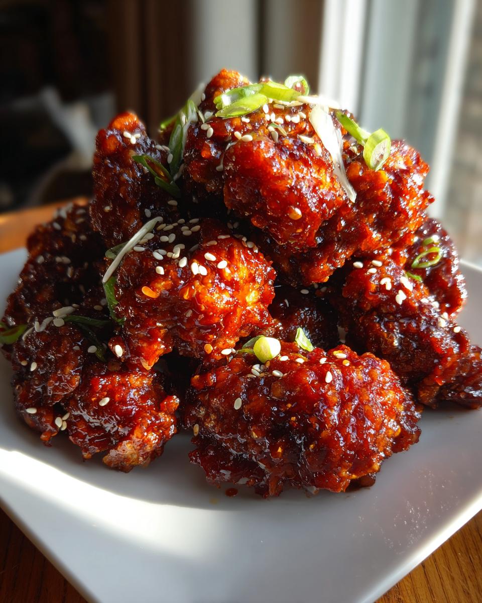 A close-up of a pile of sticky, glazed korean fried chicken pieces topped with sesame seeds and green onions.
