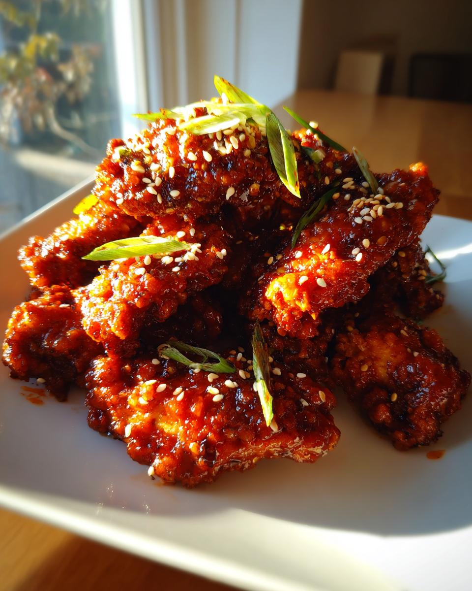 A pile of glossy, deep red korean fried chicken pieces topped with sesame seeds and sliced green onions.