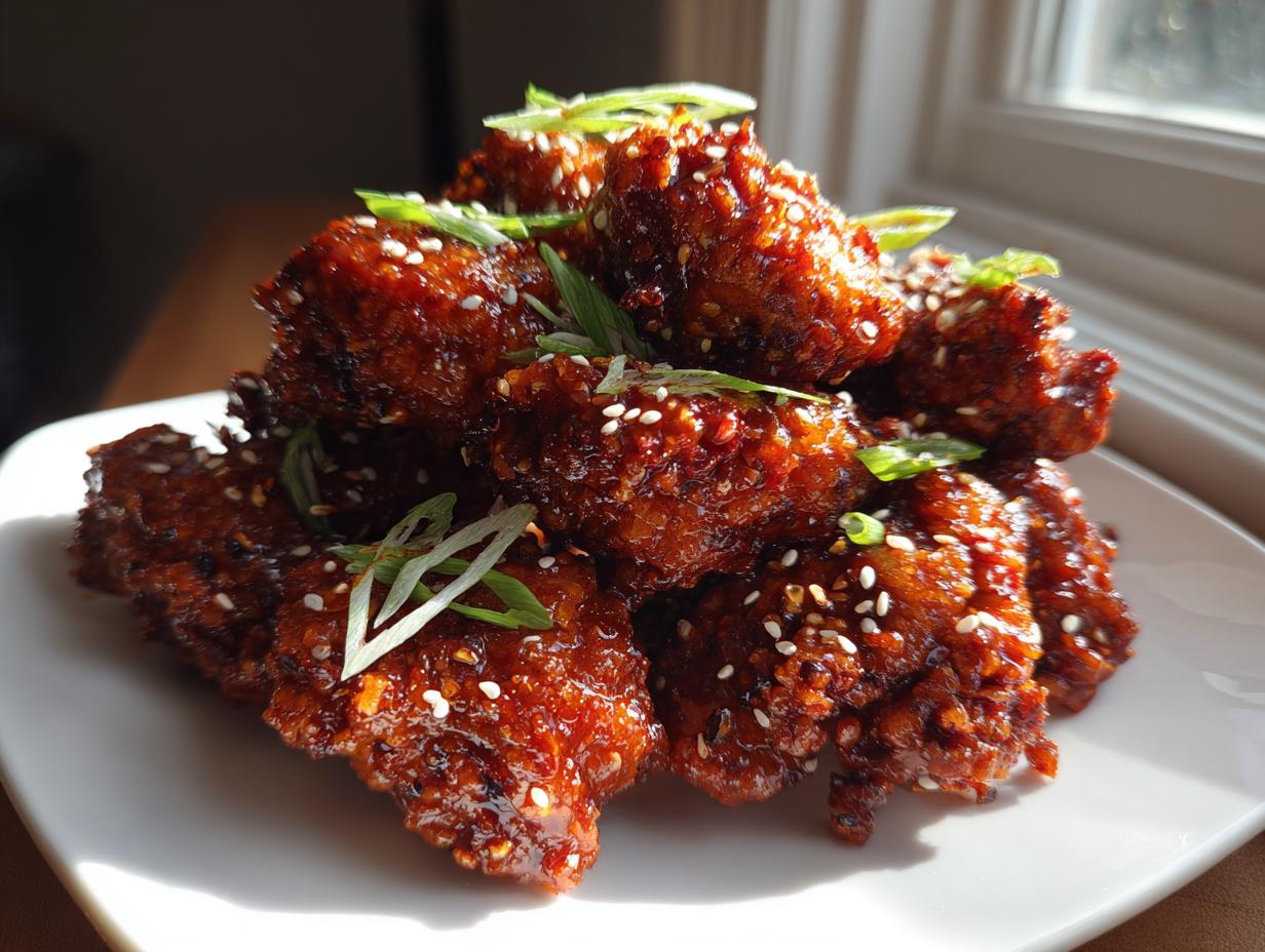 A close-up of a mound of sticky, glazed korean fried chicken sprinkled with sesame seeds and green onions.