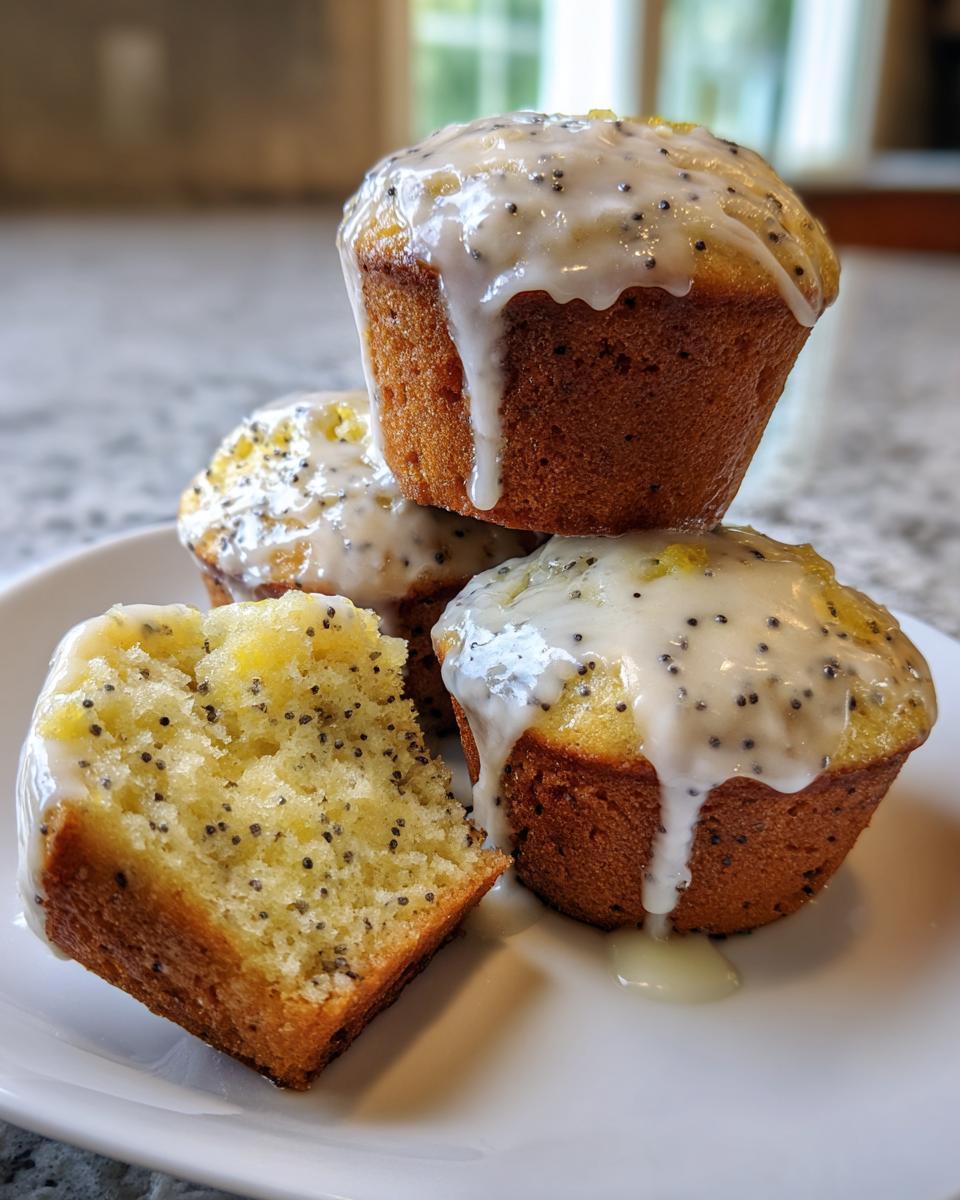 Close-up of three glazed lemon poppy seed muffins stacked, with one muffin broken open showing the moist interior.