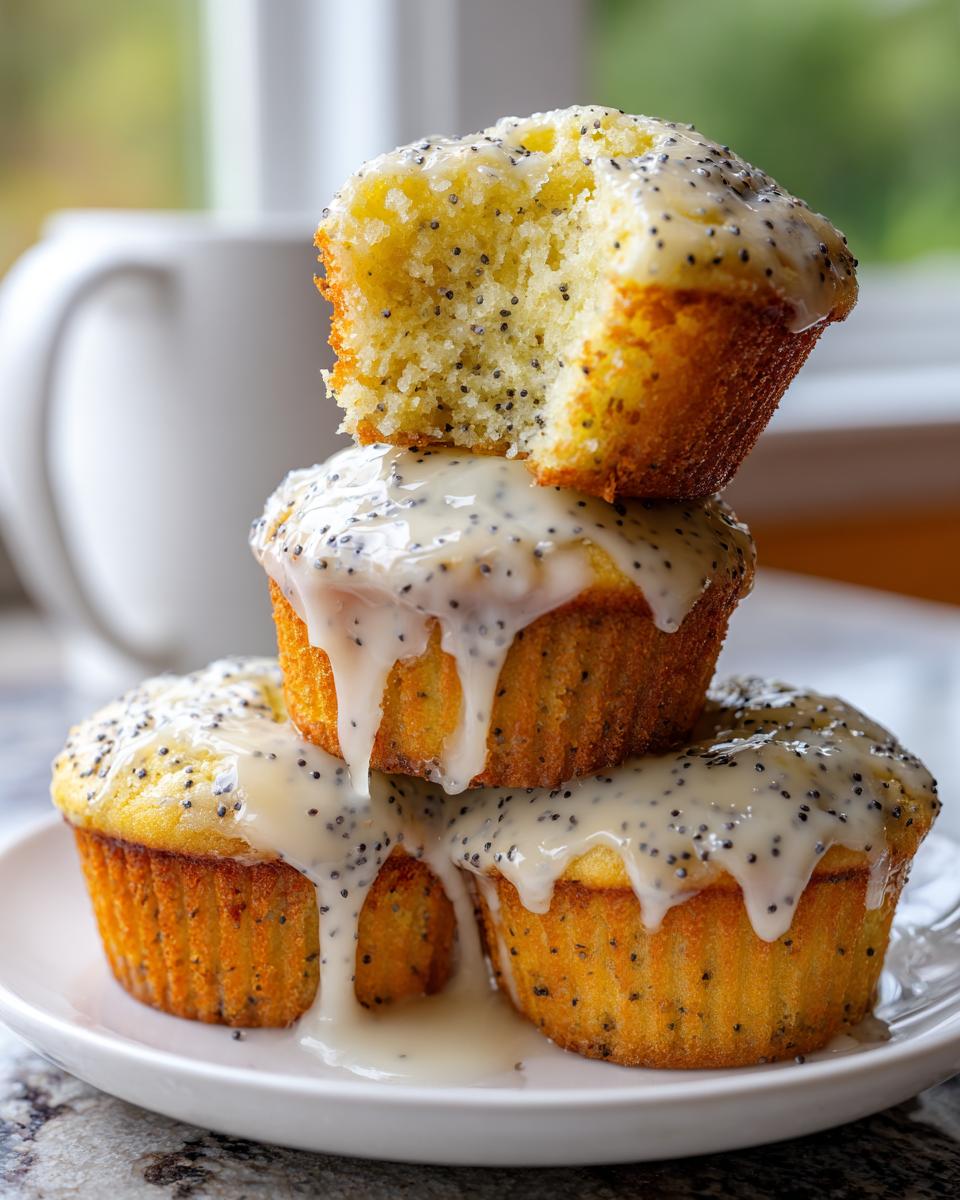 A stack of three moist lemon poppy seed muffins topped with thick lemon glaze, one muffin broken open.