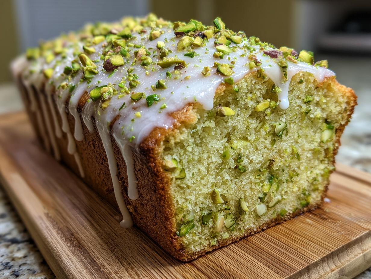A freshly baked pistachio bread loaf, drizzled with white glaze and topped with chopped pistachios.