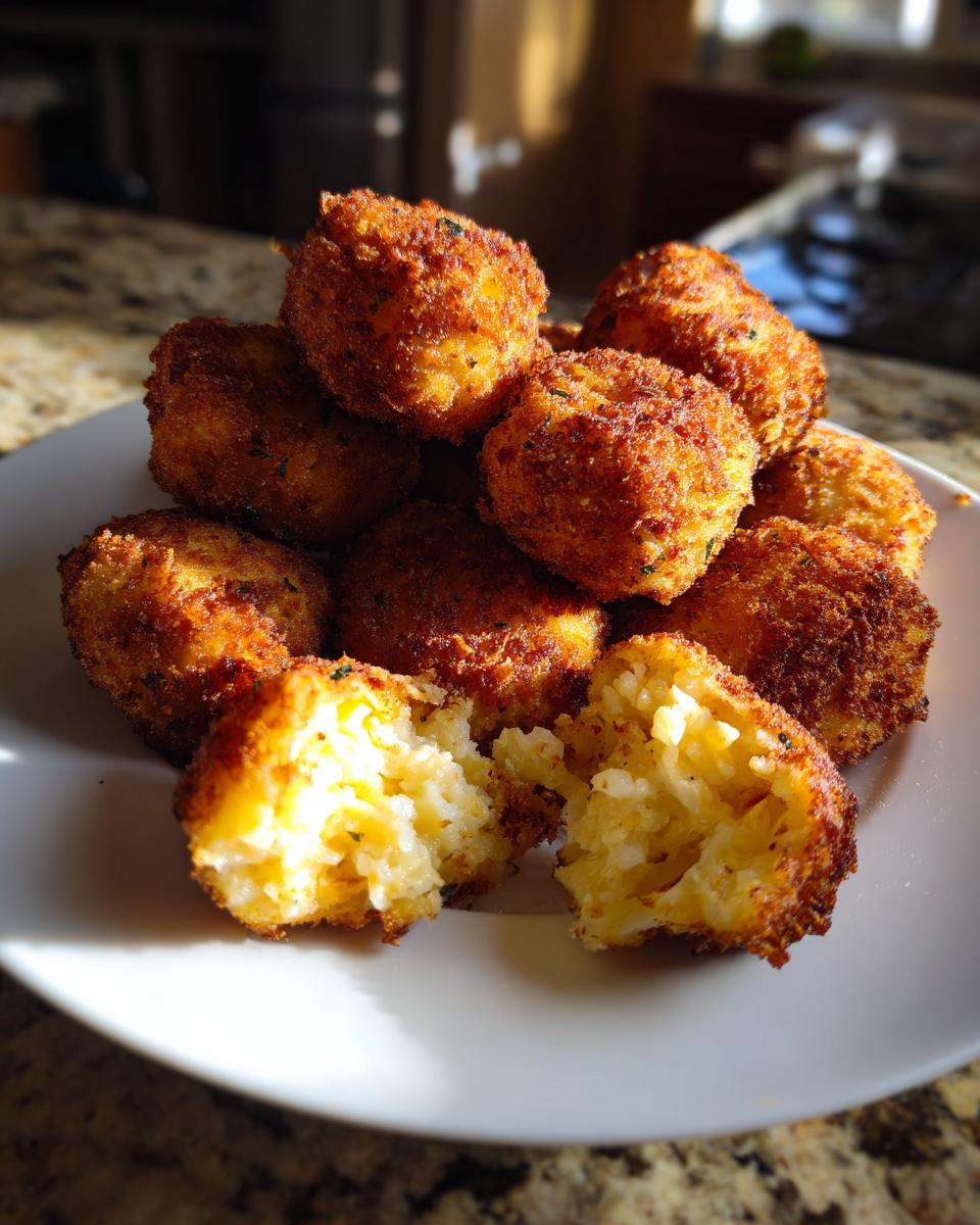 A pile of golden brown, crispy potato croquettes, one broken open to show the soft interior.