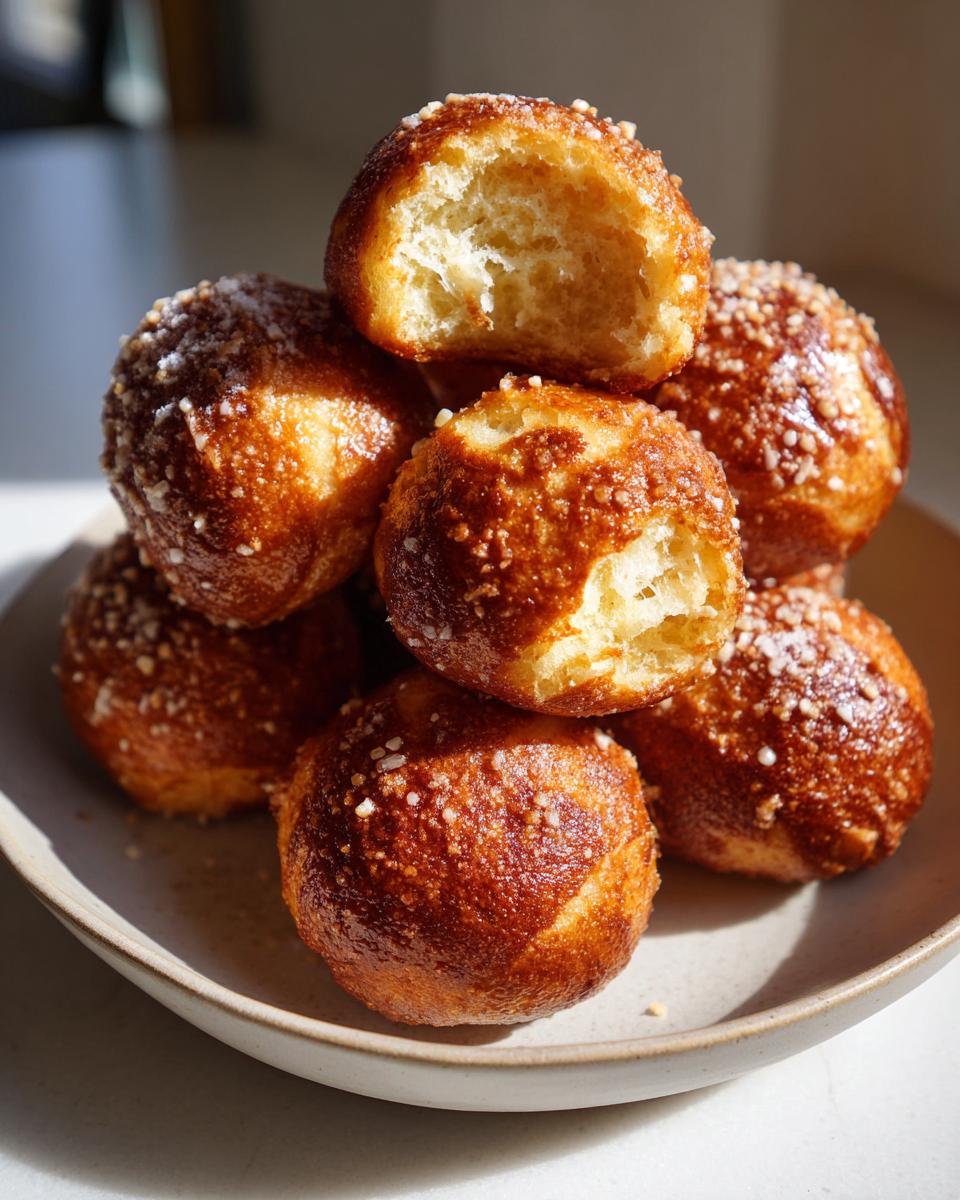 A stack of freshly baked, golden brown pretzel bites sprinkled with coarse salt, one broken open revealing the soft interior.