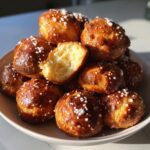 A stack of golden brown, shiny pretzel bites topped with coarse salt, one broken open showing the soft interior.