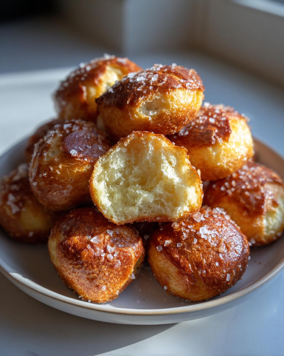 A stack of freshly baked pretzel bites, golden brown and sprinkled with coarse salt, one broken open showing the soft interior.