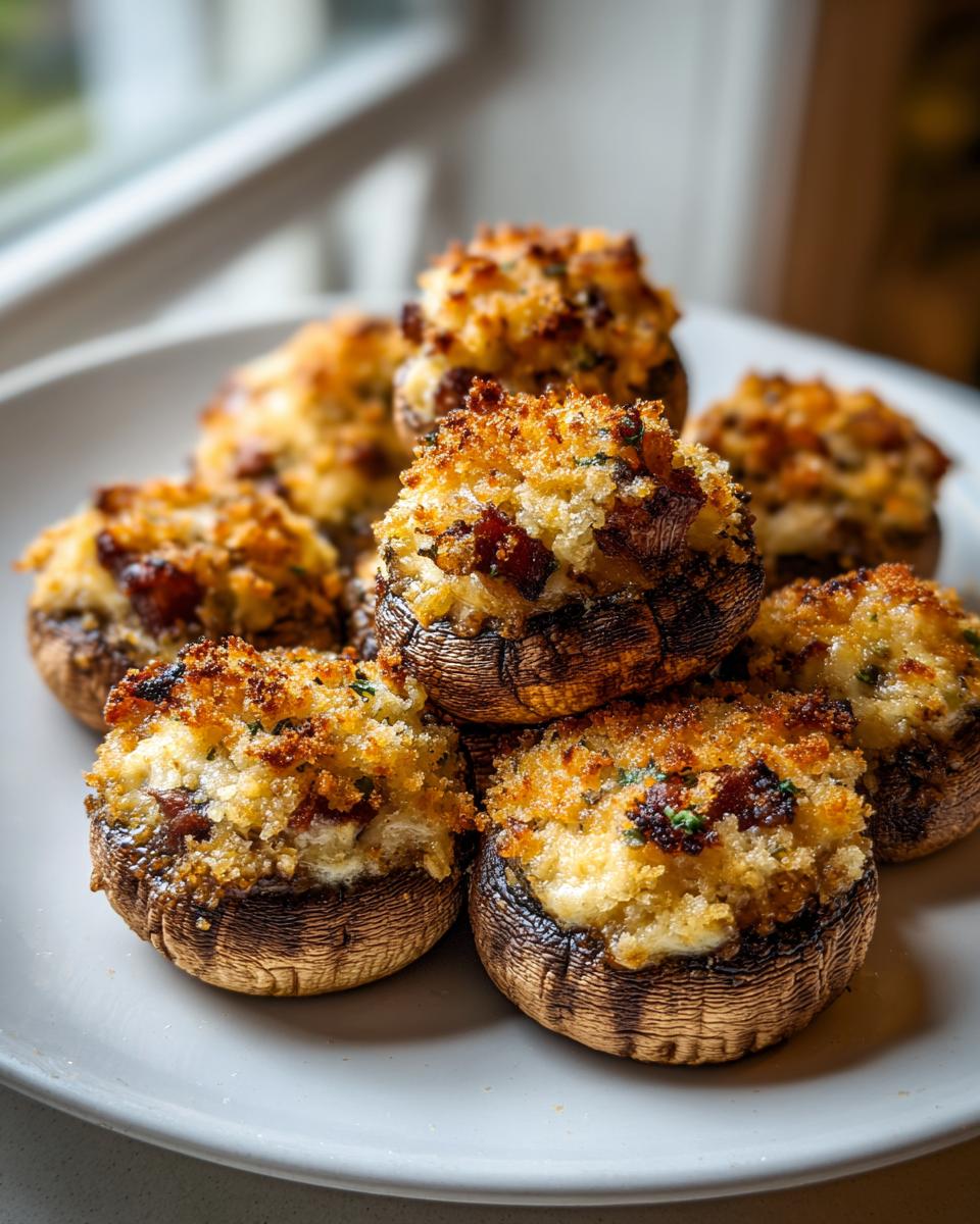 A close-up of several golden brown stuffed mushrooms recipe appetizers piled on a light gray plate.