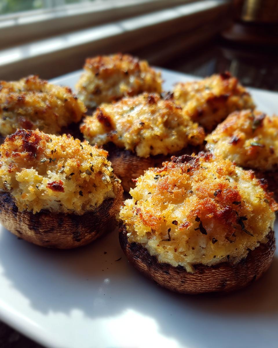 Close-up of several golden brown stuffed mushrooms recipe appetizers on a white plate, featuring a crispy topping.