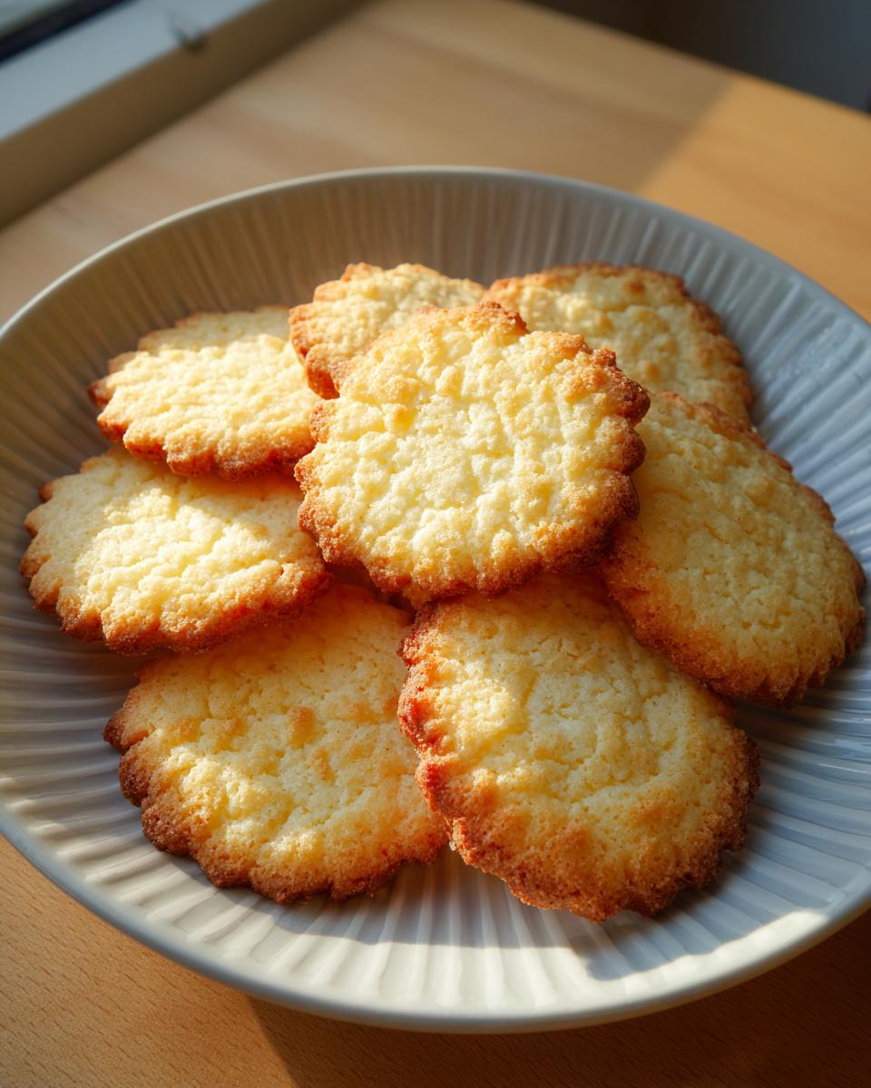 A stack of golden brown, crinkle-topped sugar cookies with scalloped edges resting in a light gray bowl.