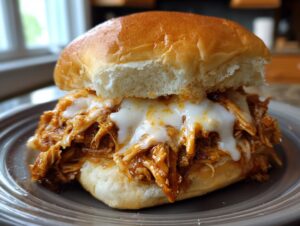 Close-up of a gooey buffalo chicken sliders sandwich piled high with shredded chicken and melted white cheese on a soft bun.