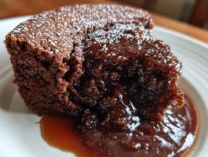 Close-up of a slice of rich chocolate pudding cake revealing a molten, gooey center and sauce, dusted with powdered sugar.