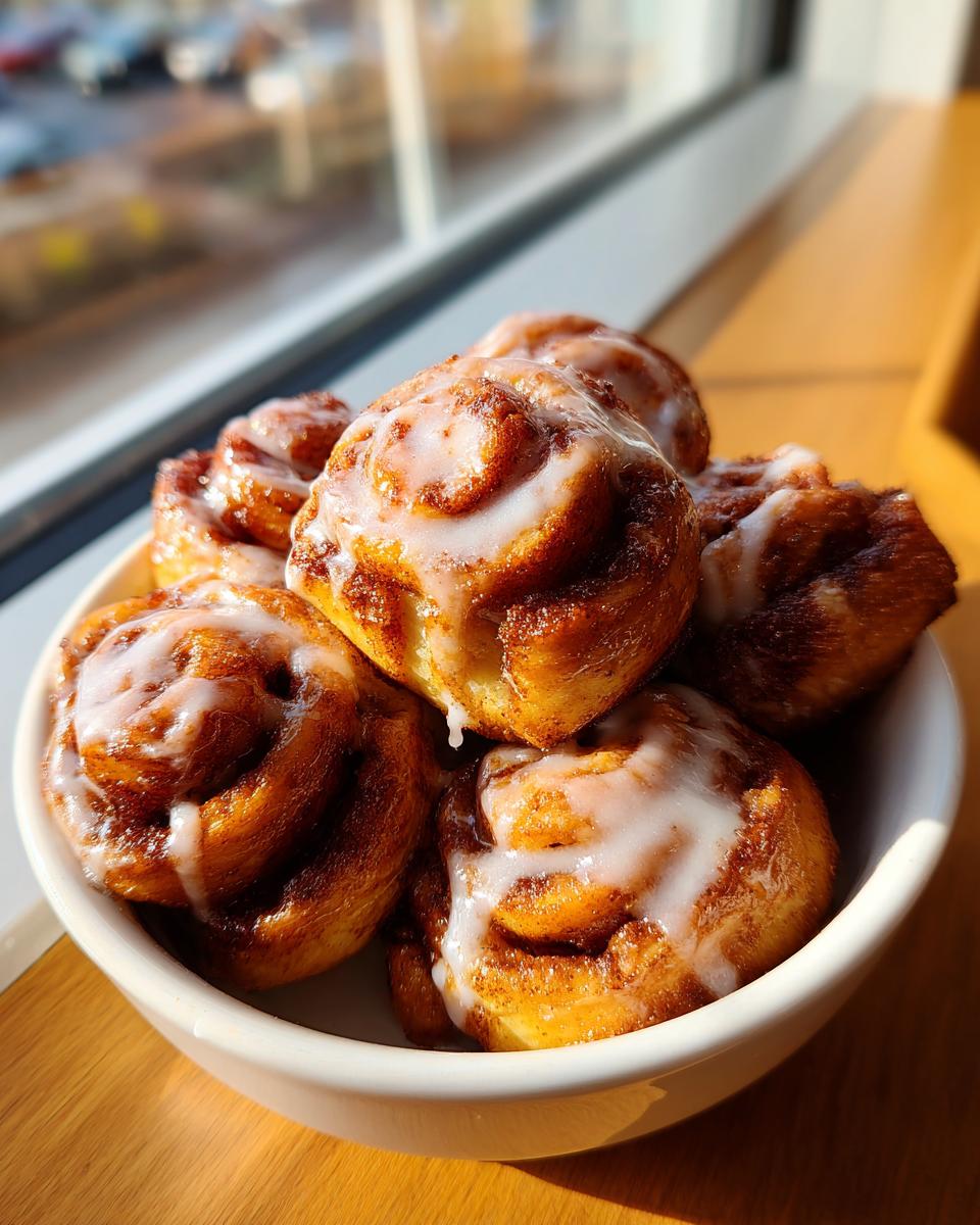 A bowl filled with several warm, gooey cinnamon roll bites topped with white icing, sitting near a bright window.