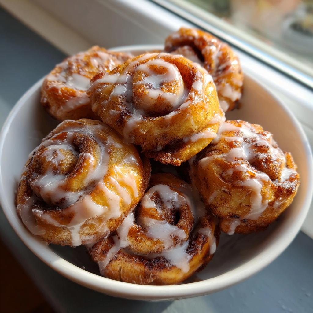 A close-up of several gooey cinnamon roll bites drizzled with white icing, served in a small white bowl.