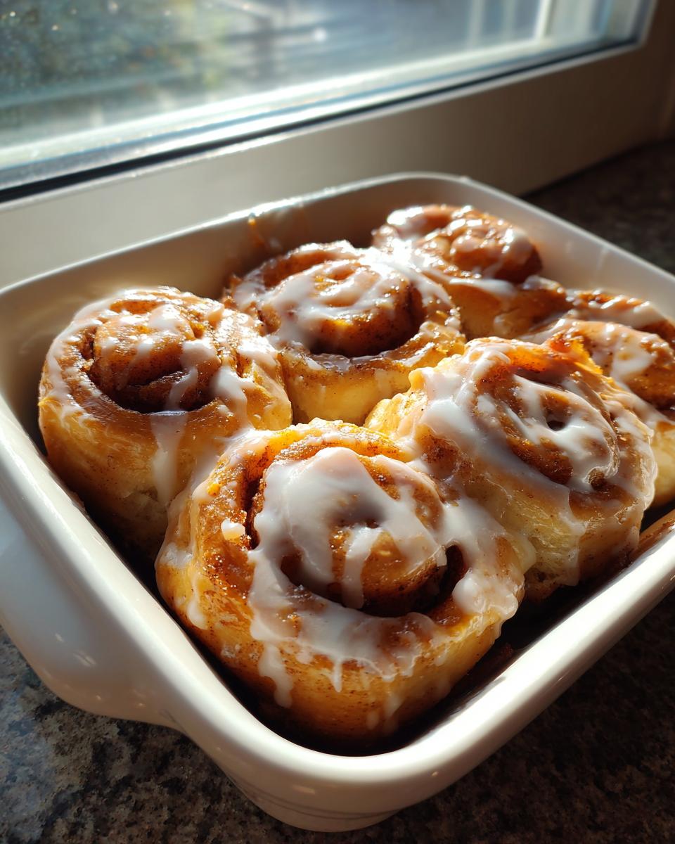 Close-up of gooey cinnamon roll bites topped with white icing in a white baking dish near a window.