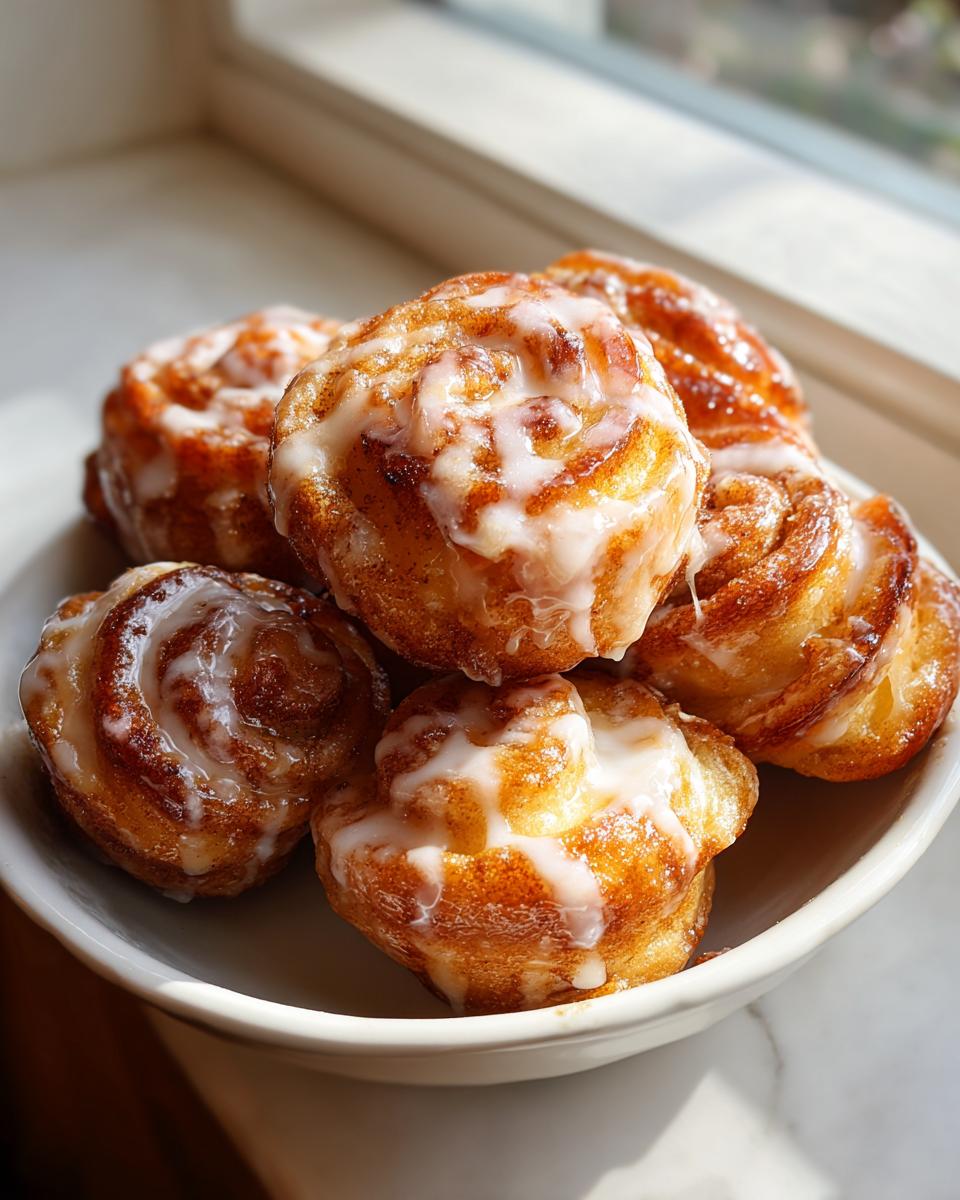 A close-up of several warm, gooey cinnamon roll bites topped with white icing, sitting in a small white bowl.