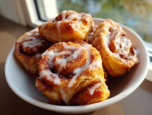 Close-up of several gooey cinnamon roll bites drizzled with white icing in a small white bowl.
