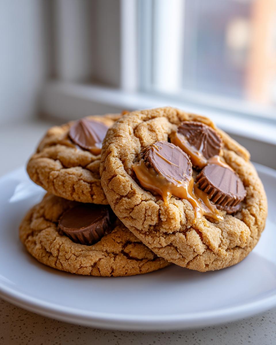 Close-up of three soft peanut butter cup cookies stacked on a white plate, featuring melted peanut butter cups.