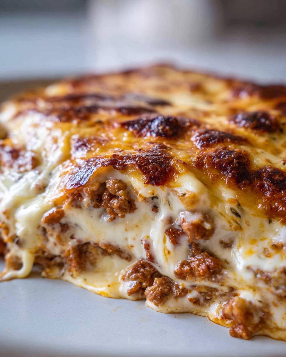 Close-up, gooey shot of a serving of texas trash dip showing melted cheese and seasoned ground meat mixture.