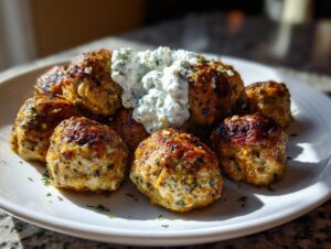 A plate piled high with golden-brown greek chicken meatballs topped with a dollop of creamy tzatziki sauce.