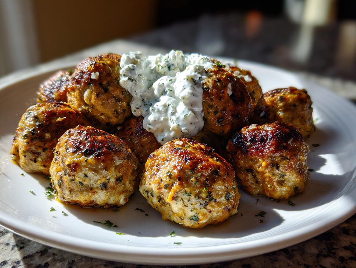 A plate piled high with golden-brown greek chicken meatballs topped with a dollop of creamy tzatziki sauce.