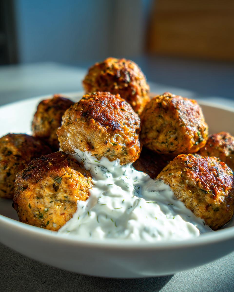 Close-up of golden brown greek chicken meatballs served in a white bowl with creamy tzatziki sauce.