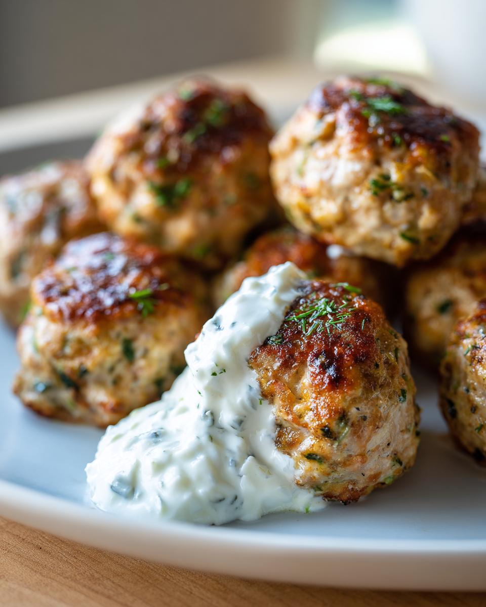 Close-up of golden brown greek chicken meatballs served with a dollop of creamy tzatziki sauce.