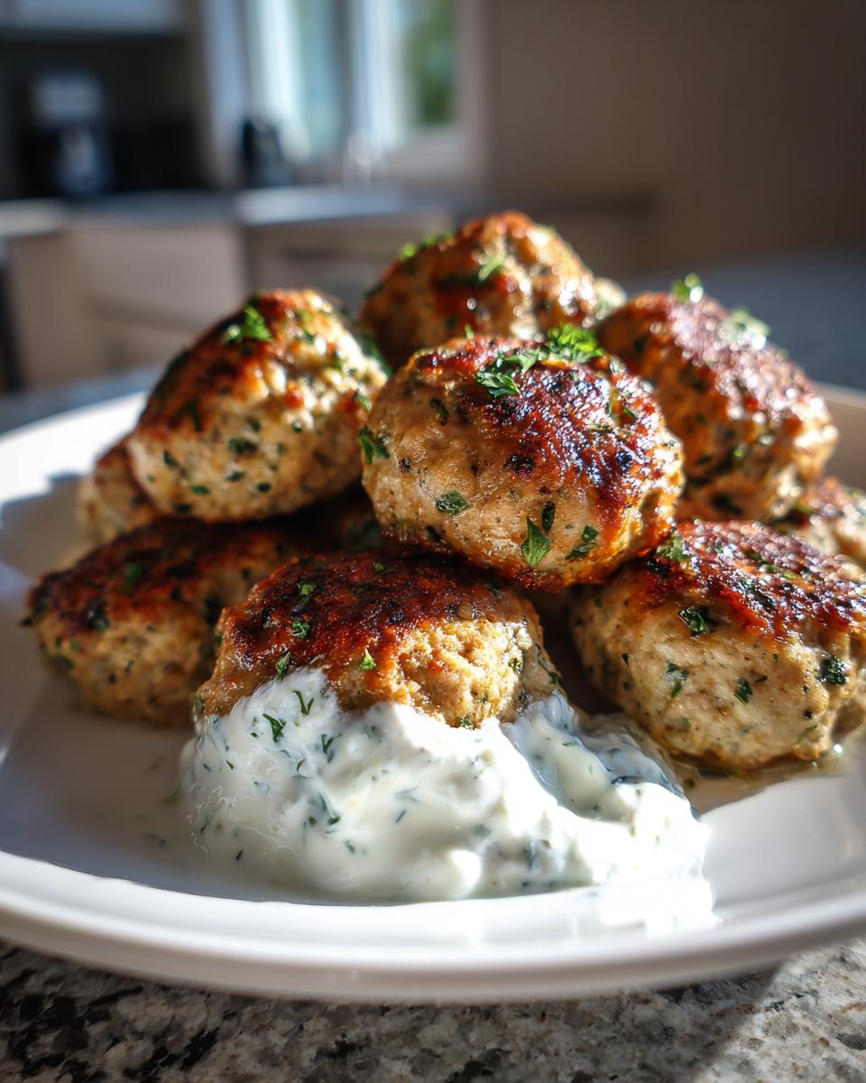 A stack of golden brown greek chicken meatballs garnished with parsley, served with a dollop of creamy tzatziki sauce.