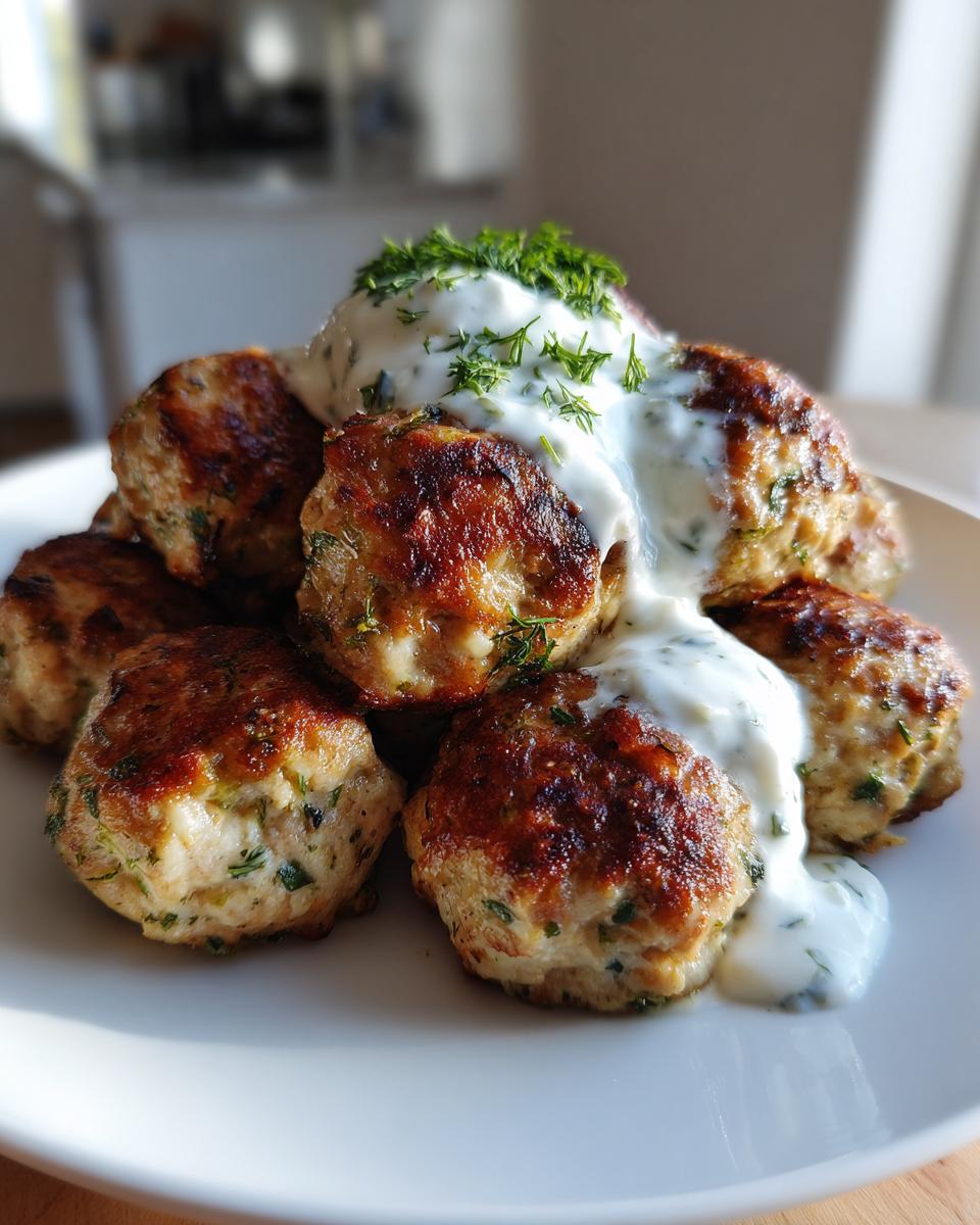 A pile of golden brown greek chicken meatballs topped with creamy tzatziki sauce and fresh dill.