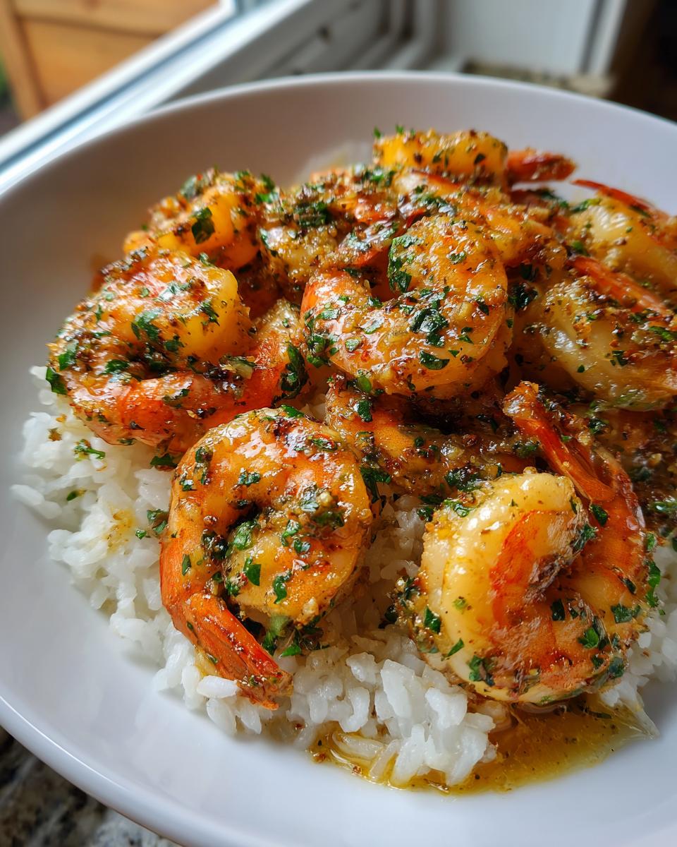 Close-up of juicy Hawaiian garlic shrimp coated in sauce and parsley, served over white rice in a bowl.