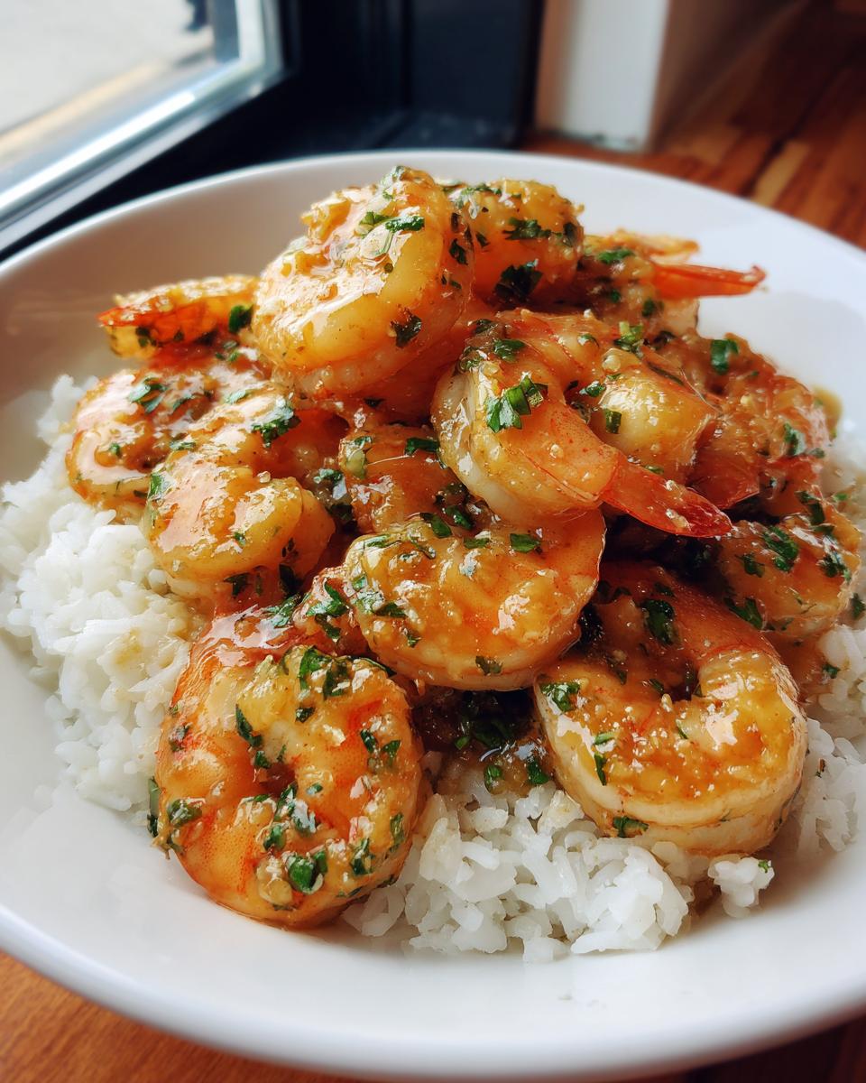 A close-up of succulent Hawaiian garlic shrimp coated in a savory sauce, served over a bed of fluffy white rice in a white bowl.