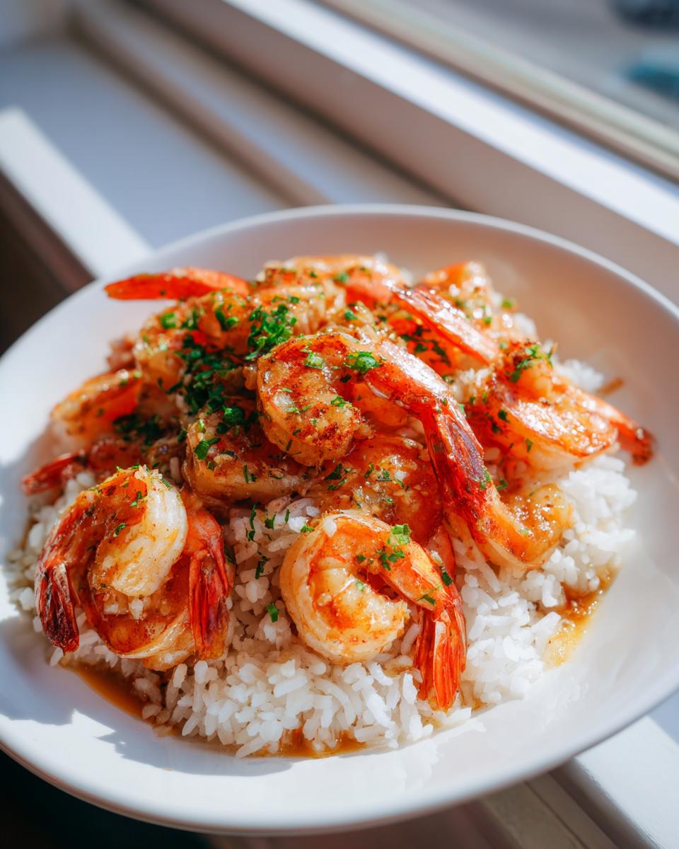 A bowl filled with white rice topped generously with succulent Hawaiian garlic shrimp garnished with parsley.