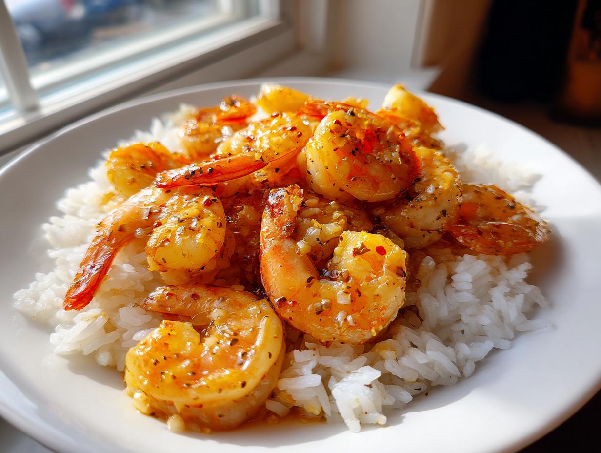 Close-up of succulent Hawaiian garlic shrimp coated in a buttery sauce, served over a bed of fluffy white rice.