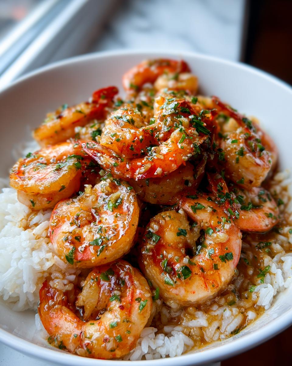Close-up of juicy Hawaiian garlic shrimp coated in sauce and parsley, served over white rice in a bowl.