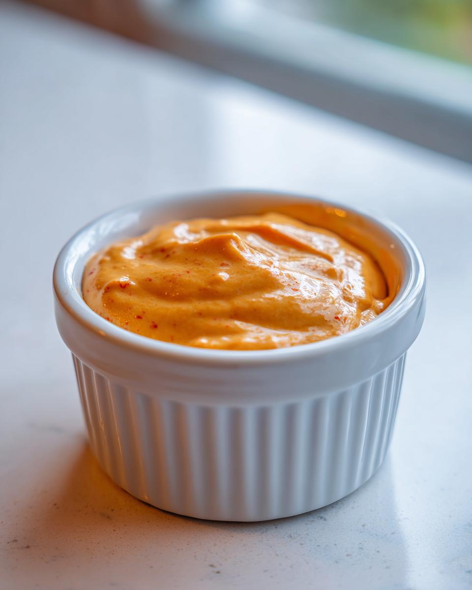 Close-up of creamy, orange-hued big mac sauce served in a small white fluted ramekin.