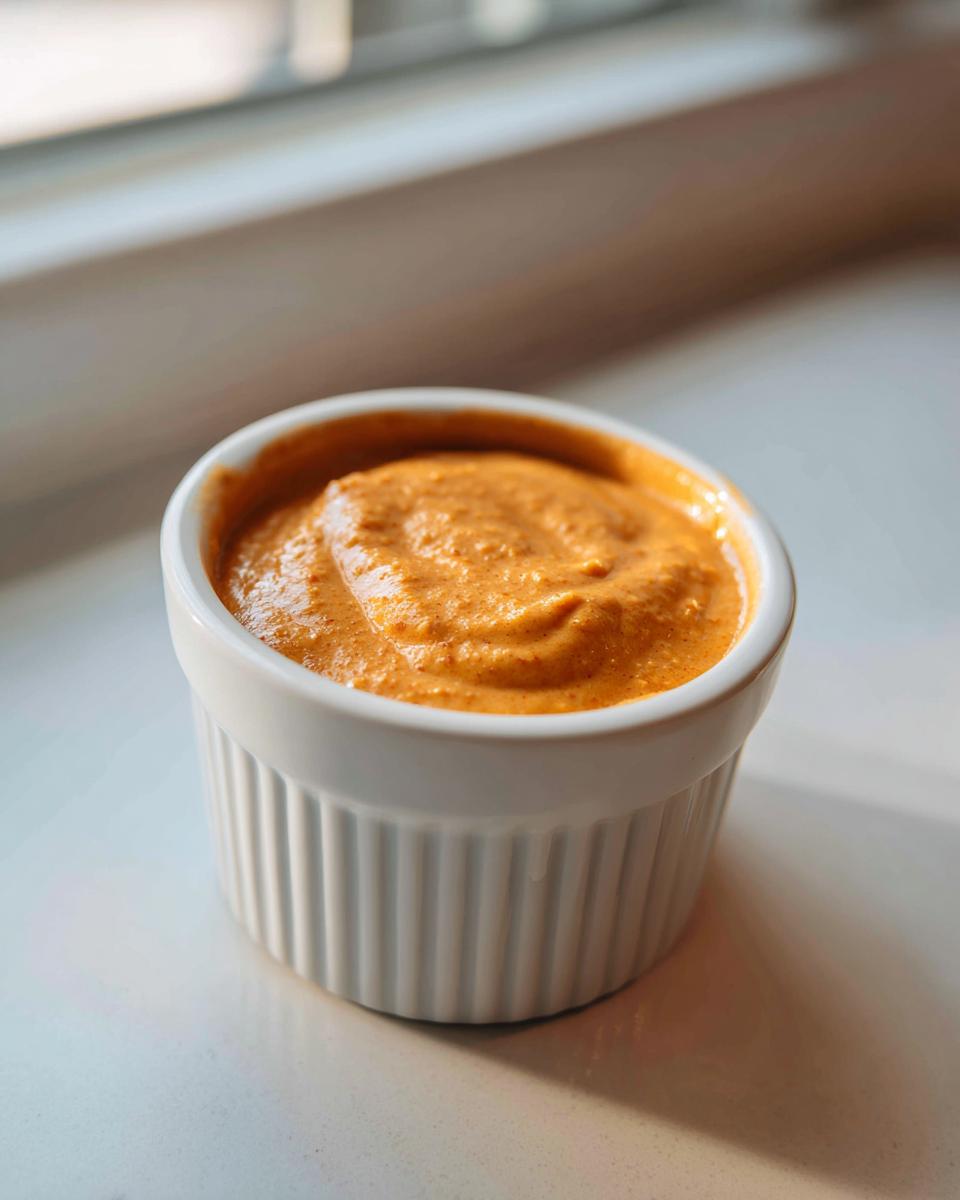 A close-up of creamy, orange-hued homemade big mac sauce served in a small white fluted ramekin.