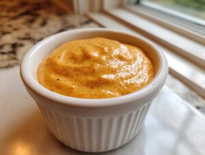 Close-up of creamy, orange-hued big mac sauce served in a small white fluted ramekin.