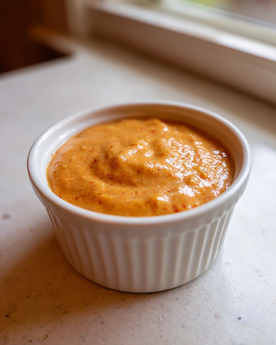Close-up of creamy, orange-hued big mac sauce served in a small, white, fluted ramekin.