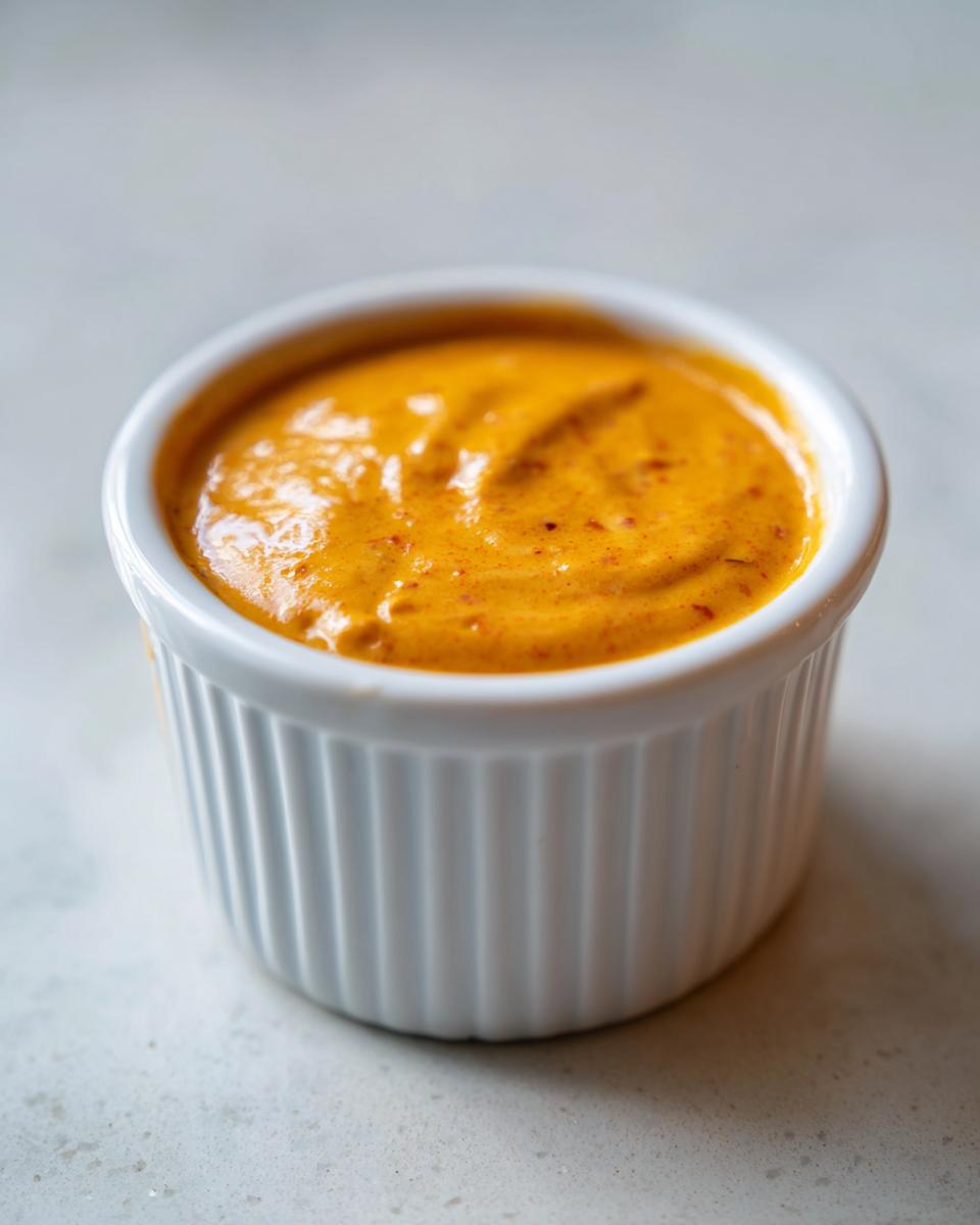 A small white ramekin filled with creamy, orange-hued homemade big mac sauce on a light countertop.