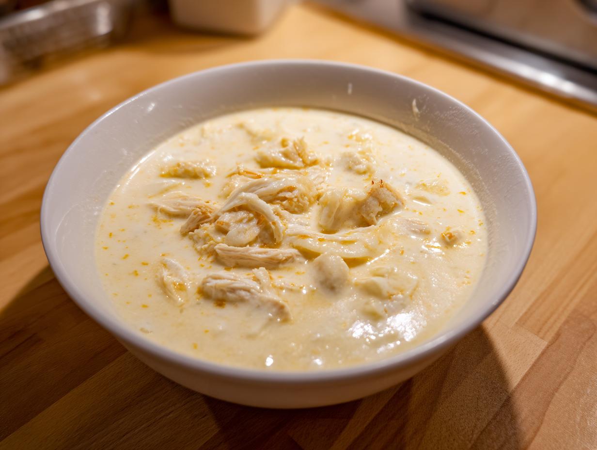 A close-up of a white bowl filled with creamy, homemade cream of chicken soup topped with shredded chicken.