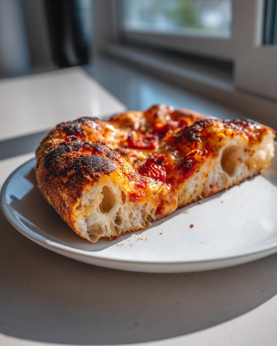 Close-up of a thick slice of homemade pizza showing airy crust structure and charred edges.